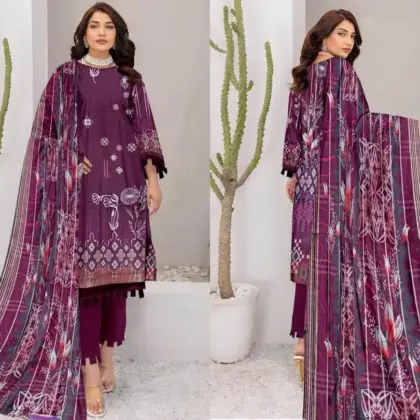3 Pcs Women’s Unstitched Printed Lawn Suit with Diamond Digital Print Dupatta – Maroon