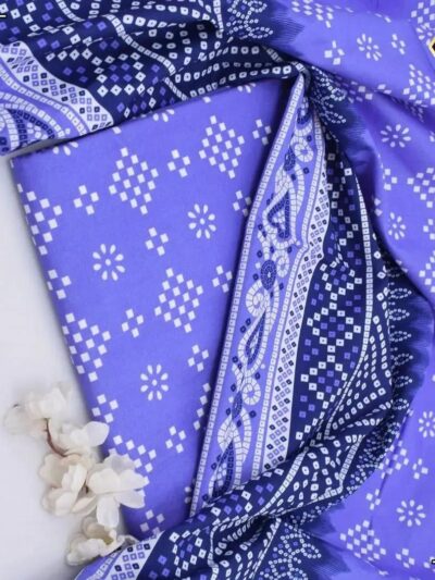 2-Piece Women’s Blue Unstitched Printed Cotton Suit with Shirt & Trouser