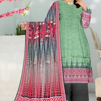 3 Pcs Women’s Unstitched Printed Lawn Suit with Cotton Trouser and Bamber Dupatta – Green