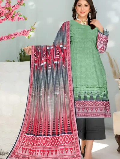3 Pcs Women’s Unstitched Printed Lawn Suit with Cotton Trouser and Bamber Dupatta – Green