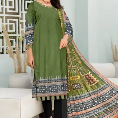 3 Pcs Women’s Unstitched Printed Lawn Suit with Cotton Trouser and Bamber Dupatta – Green