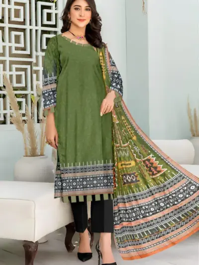 3 Pcs Women’s Unstitched Printed Lawn Suit with Cotton Trouser and Bamber Dupatta – Green