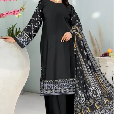 3 Pcs Women’s Unstitched Printed Lawn Suit with Cotton Trouser and Bamber Dupatta – Black