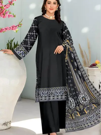 3 Pcs Women’s Unstitched Printed Lawn Suit with Cotton Trouser and Bamber Dupatta – Black