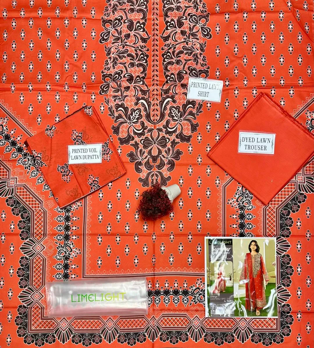 3 Pcs Women’s Unstitched Printed Lawn Suit Orange