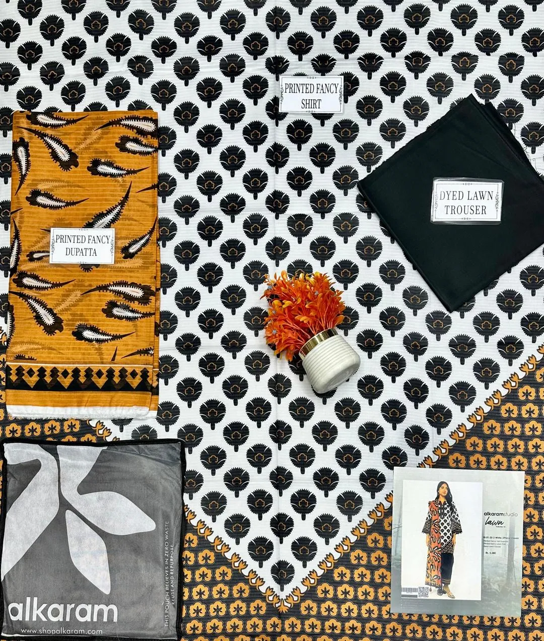 3 Pcs Women’s Unstitched Printed Suit – White Dobby Lawn Shirt with Lawn Trouser & Dobby Lawn Dupatta