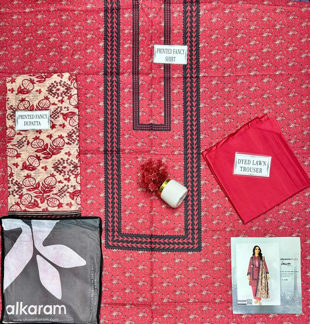 3 Pcs Women’s Unstitched Printed Suit – Pink Dobby Lawn Shirt with Lawn Trouser & Dobby Lawn Dupatta