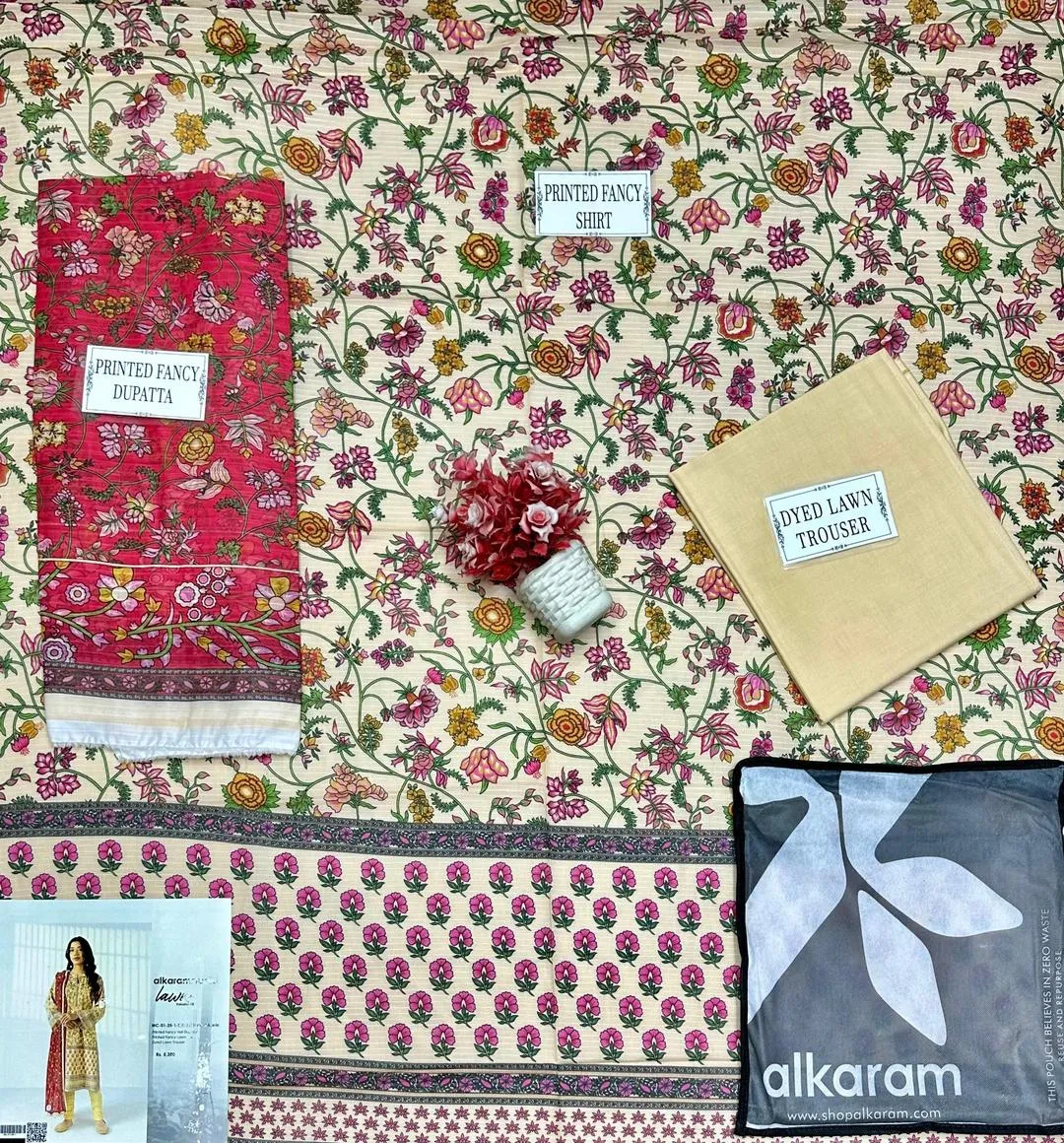 3 Pcs Women’s Unstitched Printed Suit – Off White Dobby Lawn Shirt with Lawn Trouser & Dobby Lawn Dupatta