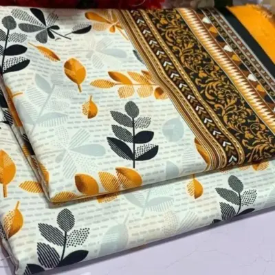 2 Pcs Women’s Unstitched Printed Suit – White Polo Cotton Shirt & Trouser