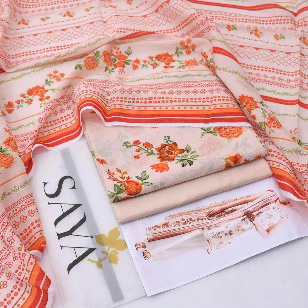 3 Pcs Women’s Unstitched Printed Lawn Suit – Off White Shirt, Trouser & Dupatta