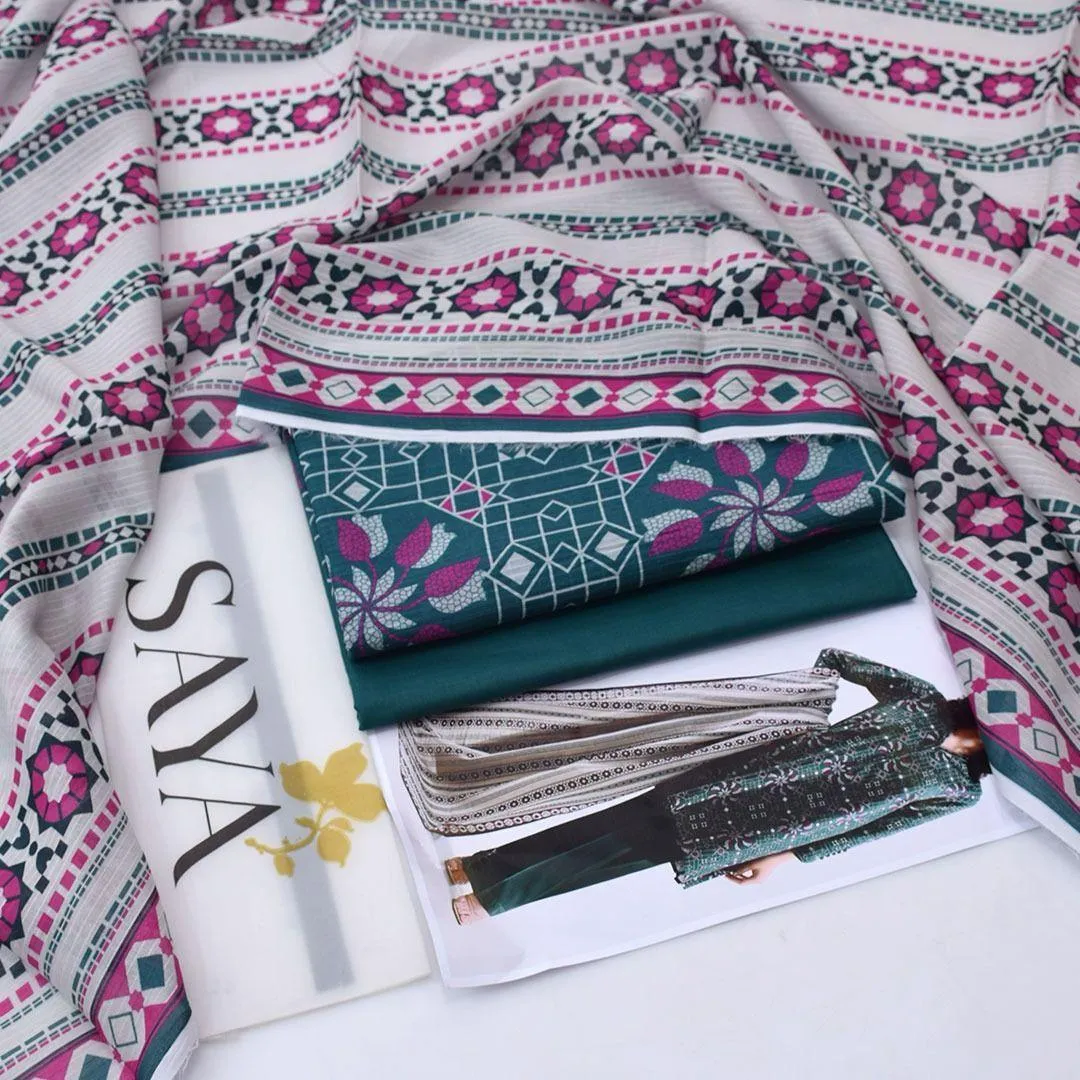 3 Pcs Women’s Unstitched Printed Lawn Suit – Black Shirt, Trouser & Dupatta