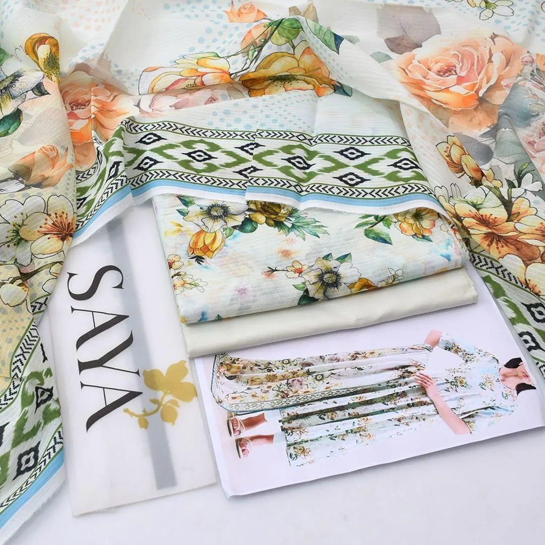 3 Pcs Women’s Unstitched Printed Lawn Suit – Green Shirt, Trouser & Dupatta