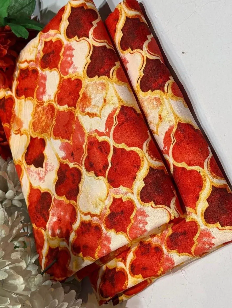 2 Pcs Women's Unstitched Red Printed Suit – Polo Cotton Shirt & Trouser