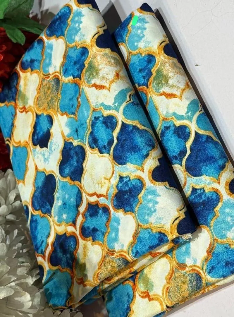 2 Pcs Women's Unstitched Blue Printed Suit – Polo Cotton Shirt & Trouser