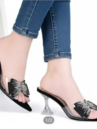 Fancy Women's Synthetic Leather Beaded Heels – Black, 1 Pair