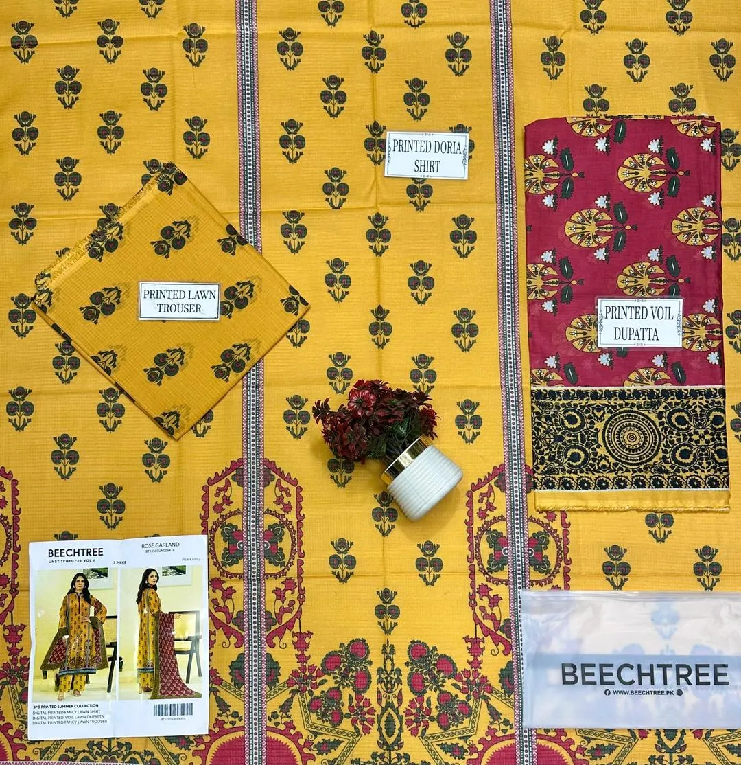 3 Pcs Women's Unstitched Printed Lawn Suit – Yellow