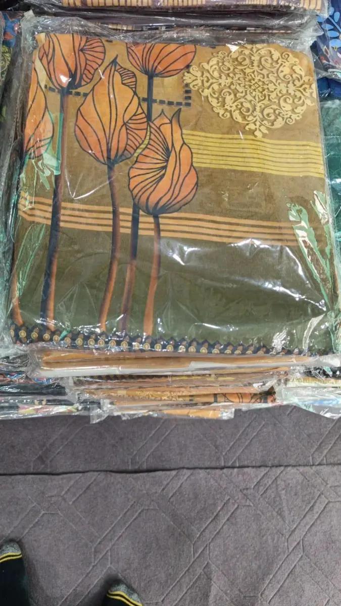 3 Pcs Women’s Unstitched Printed Lawn Suit with Cotton Trouser and Bamber Dupatta – Mustard