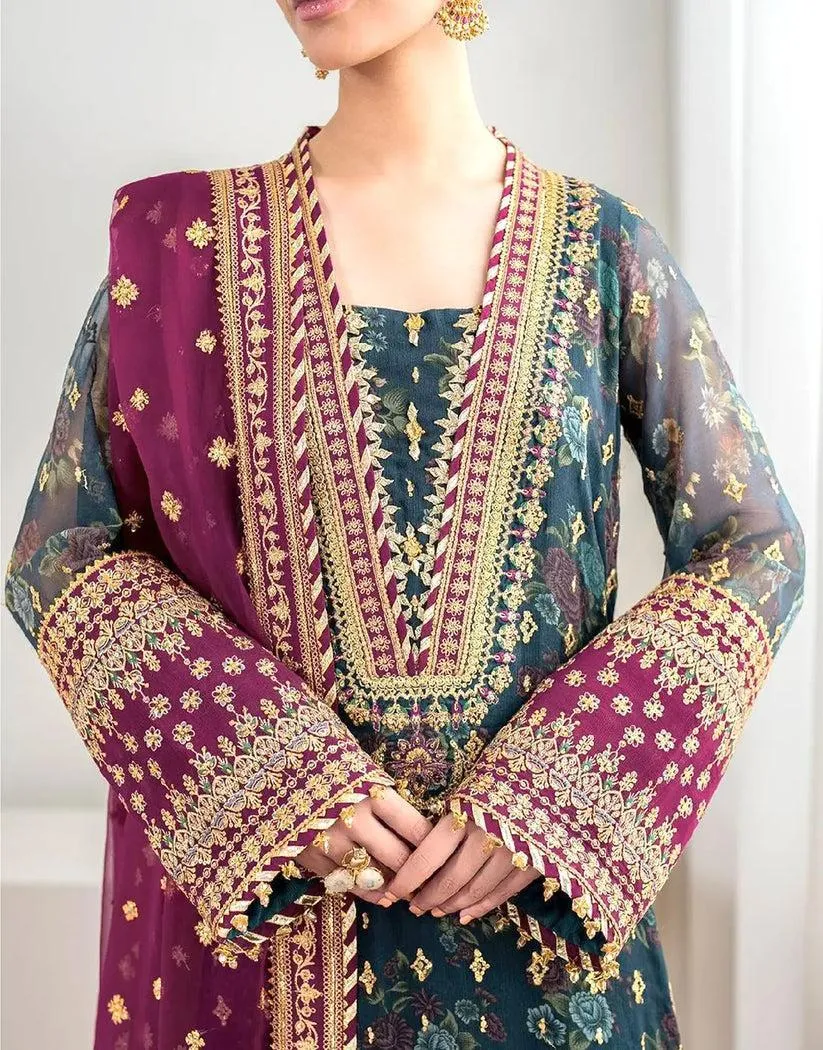 Motifze 3-Piece Women’s Unstitched Chiffon Embroidered Suit – Multicolor, 2.5m Each