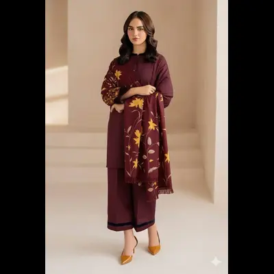 ZP 3 Pcs Women’s Unstitched Embroidered Lawn Suit – Maroon, Digital Print Dupatta, 2.75m Shirt Cutting