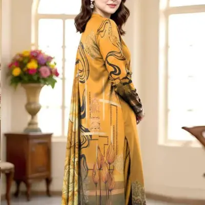 3 Pcs Women’s Unstitched Printed Lawn Suit with Cotton Trouser and Bamber Dupatta – Mustard