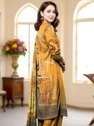 3 Pcs Women’s Unstitched Printed Lawn Suit with Cotton Trouser and Bamber Dupatta – Mustard