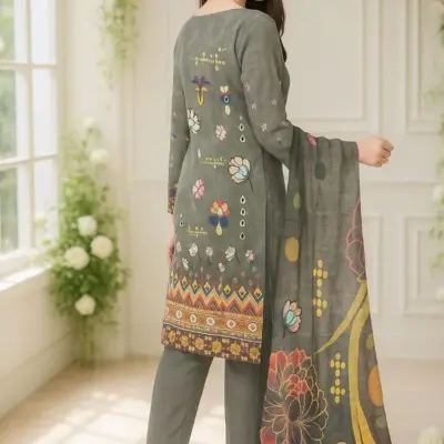 3 Pcs Women’s Unstitched Printed Lawn Suit with Cotton Trouser and Bamber Dupatta – Green