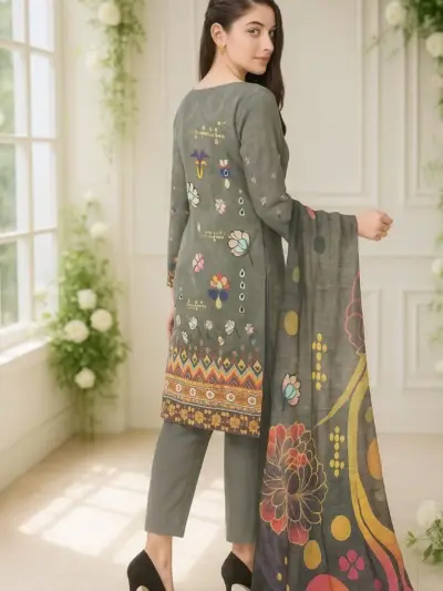 3 Pcs Women’s Unstitched Printed Lawn Suit with Cotton Trouser and Bamber Dupatta – Green
