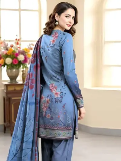 3 Pcs Women’s Unstitched Printed Lawn Suit with Cotton Trouser and Bamber Dupatta – Blue