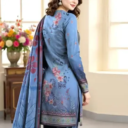 3 Pcs Women’s Unstitched Printed Lawn Suit with Cotton Trouser and Bamber Dupatta – Blue