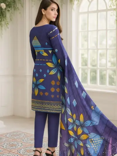 3 Pcs Women’s Unstitched Printed Lawn Suit with Cotton Trouser and Bamber Dupatta – Blue