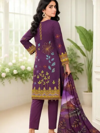 3 Pcs Women’s Unstitched Printed Lawn Suit with Cotton Trouser and Bamber Dupatta – Maroon