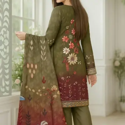 3 Pcs Women’s Unstitched Printed Lawn Suit with Cotton Trouser and Bamber Dupatta – Green