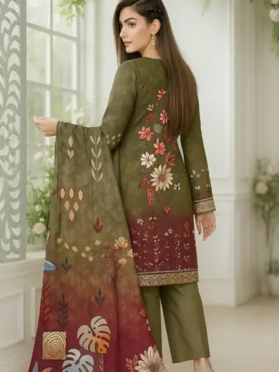 3 Pcs Women’s Unstitched Printed Lawn Suit with Cotton Trouser and Bamber Dupatta – Green