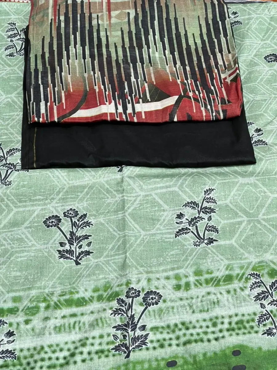 3 Pcs Women’s Unstitched Printed Lawn Suit with Cotton Trouser and Bamber Dupatta – Green