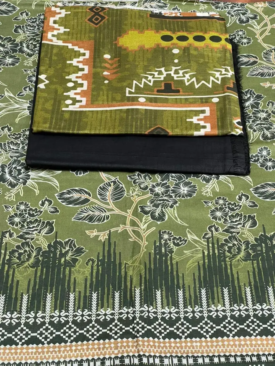 3 Pcs Women’s Unstitched Printed Lawn Suit with Cotton Trouser and Bamber Dupatta – Green