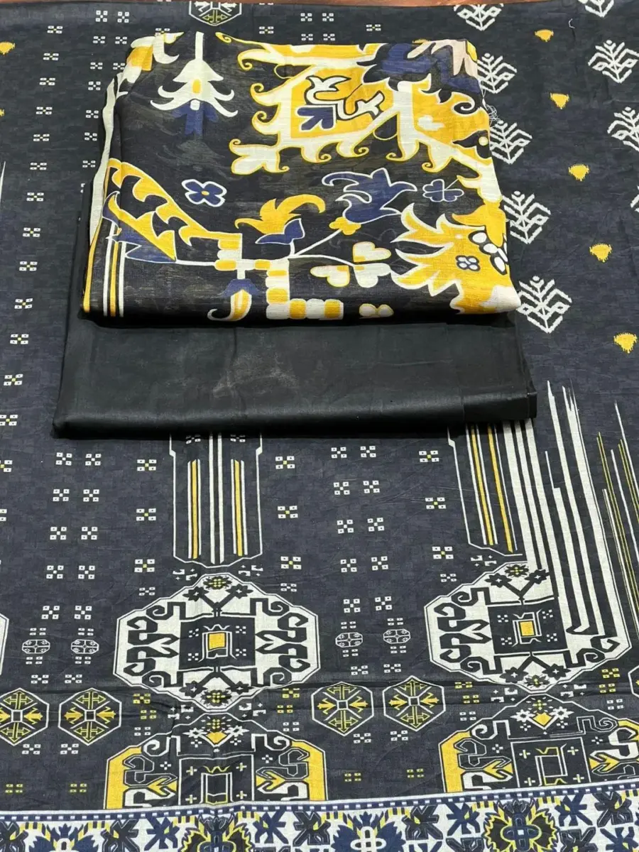 3 Pcs Women’s Unstitched Printed Lawn Suit with Cotton Trouser and Bamber Dupatta – Black