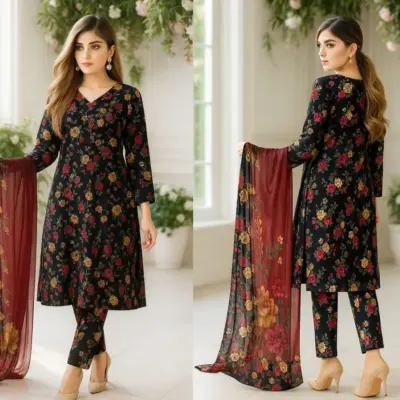 Black 3-Piece Women’s Unstitched Printed Lawn Suit – Shirt, Trouser & Digital Print Dupatta