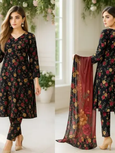 Black 3-Piece Women’s Unstitched Printed Lawn Suit – Shirt, Trouser & Digital Print Dupatta