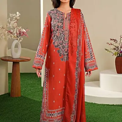 3 Pcs Women’s Unstitched Printed Lawn Suit Orange