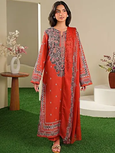 3 Pcs Women’s Unstitched Printed Lawn Suit Orange