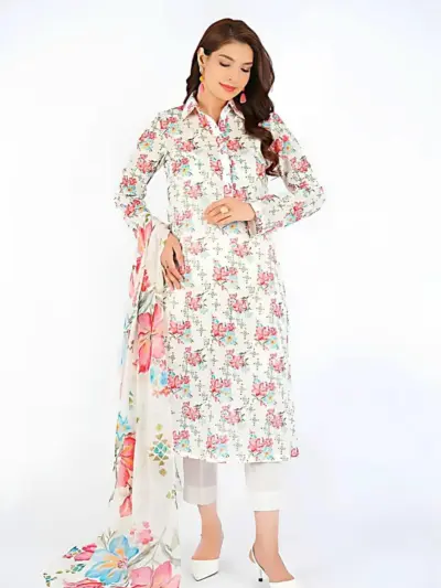 3 Pcs Women’s Unstitched Printed Lawn Suit with Dobby Lawn Dupatta – Pink