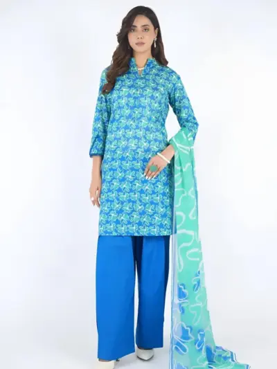 3 Pcs Women’s Unstitched Printed Lawn Suit with Dobby Lawn Dupatta – Blue