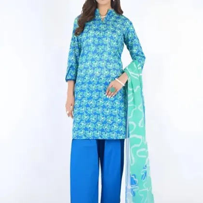 3 Pcs Women’s Unstitched Printed Lawn Suit with Dobby Lawn Dupatta – Blue