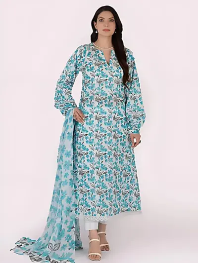 3 Pcs Women’s Unstitched Printed Lawn Suit with Dobby Lawn Dupatta – Blue