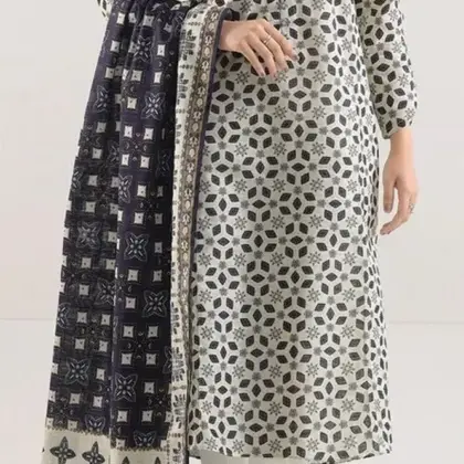 3 Pcs Women’s Unstitched Printed Lawn Suit – Off White Eid Collection