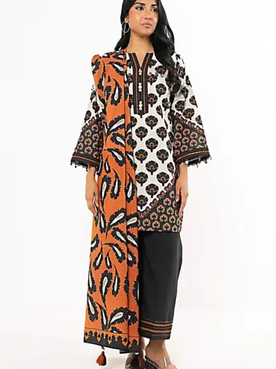 3 Pcs Women’s Unstitched Printed Suit – White Dobby Lawn Shirt with Lawn Trouser & Dobby Lawn Dupatta