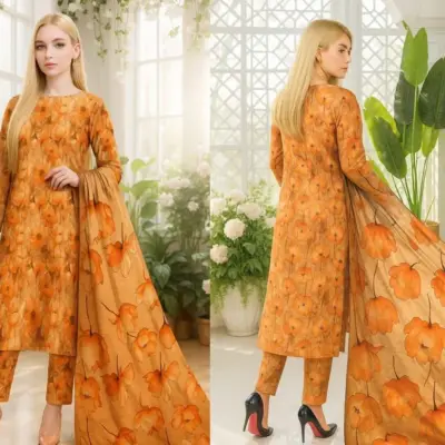 Orange 3-Piece Women’s Unstitched Printed Lawn Suit – Shirt, Trouser & Digital Print Dupatta