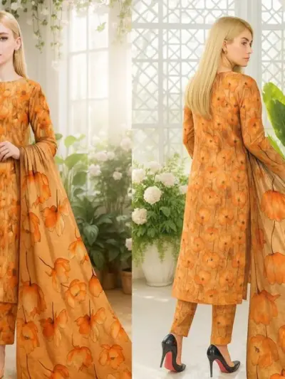 Orange 3-Piece Women’s Unstitched Printed Lawn Suit – Shirt, Trouser & Digital Print Dupatta