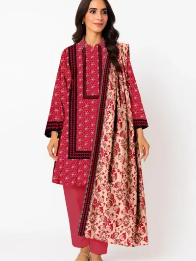 3 Pcs Women’s Unstitched Printed Suit – Pink Dobby Lawn Shirt with Lawn Trouser & Dobby Lawn Dupatta