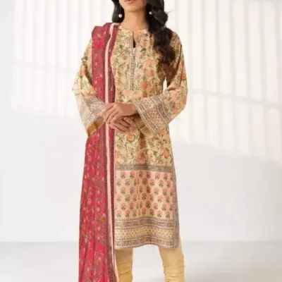3 Pcs Women’s Unstitched Printed Suit – Off White Dobby Lawn Shirt with Lawn Trouser & Dobby Lawn Dupatta